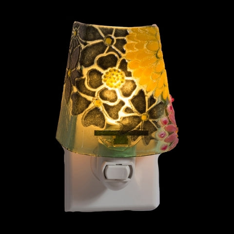 Flower bouquet nightlight in green, yellow and red, made of art glass