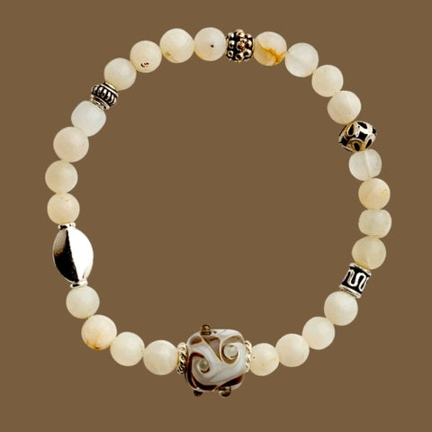 Gemstone bracelet with moonstone hand-sculpted glass and sterling silver beads 