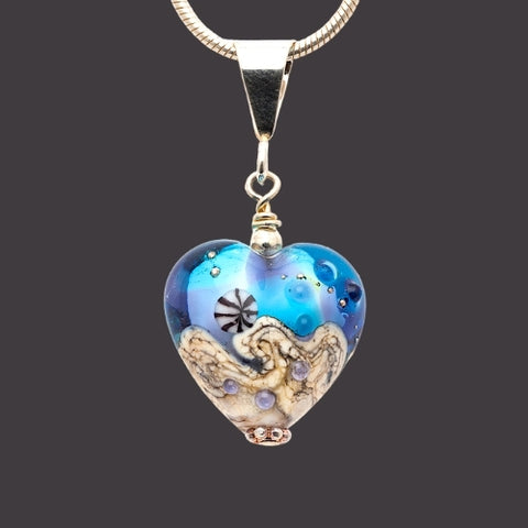 Blue art glass heart pendant seashore necklace with sterling silver chain