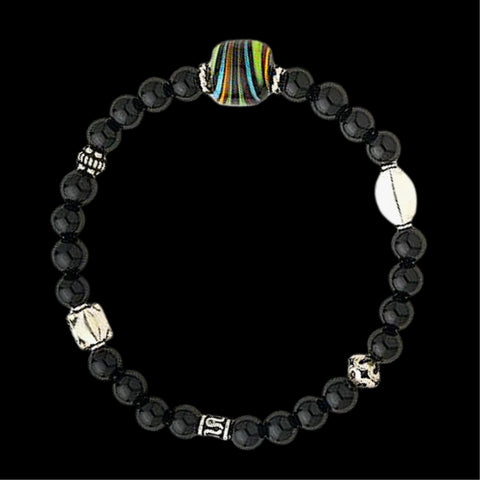 Strength Gemstone Bracelet  hand-sculpted glass bead enhanced with sterling silver beads and black onyx gemstones on a stretchy nylon cord