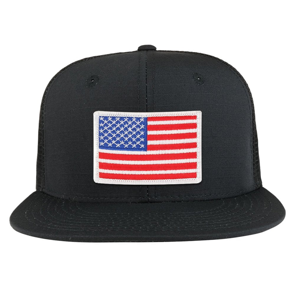 Black Olive American Flag Iron on Patch Flat Bill Ripstop Trucker Mesh