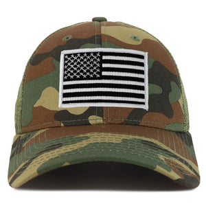 Armycrew Black White American Flag Patch Camouflage Structured Mesh Trucker Cap - WDL
