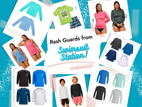 a graphic image that a collage of 8 rash guard styles form Swimsuit Station