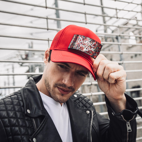 Men leather black jacket and fashion trucker hat in red with Partch-clip interchangeable
