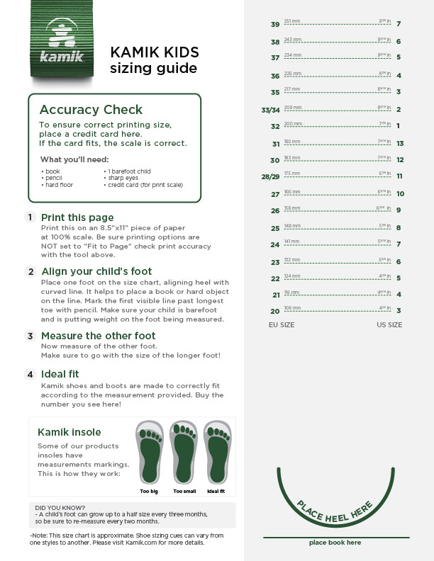 kids slippers size chart