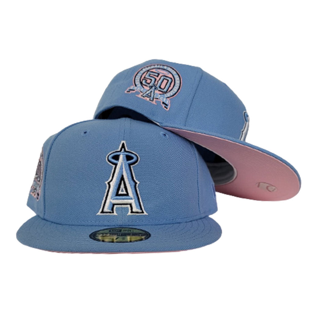 light blue fitted hat pink brim