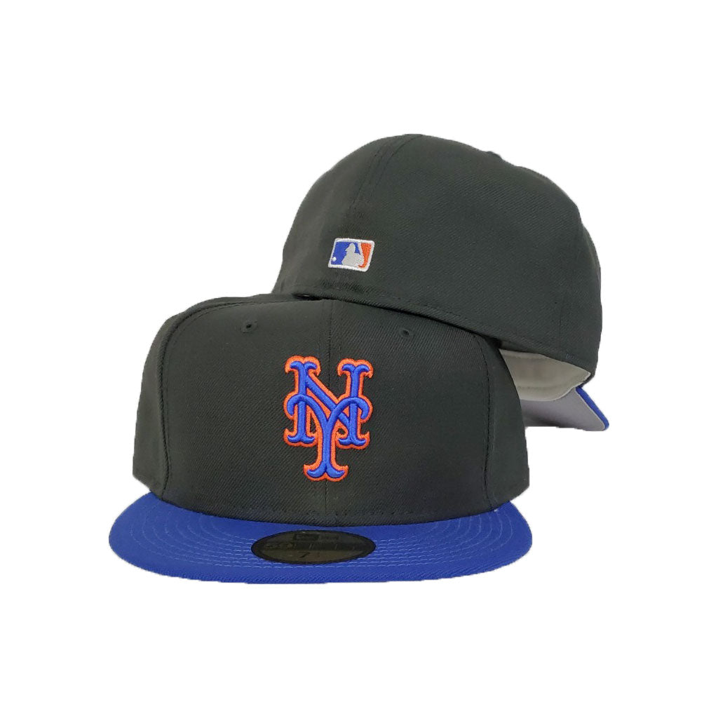 black mets hat with blue brim