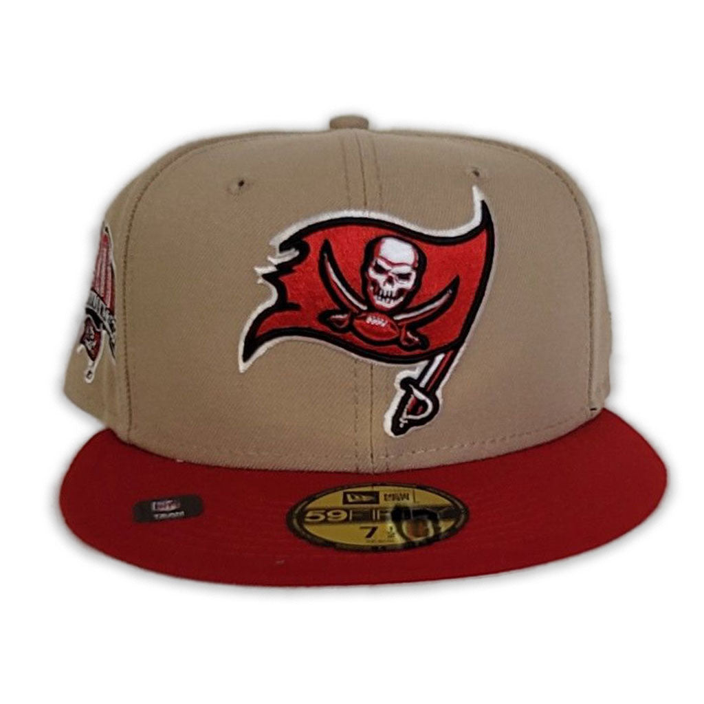 tan and red fitted hat