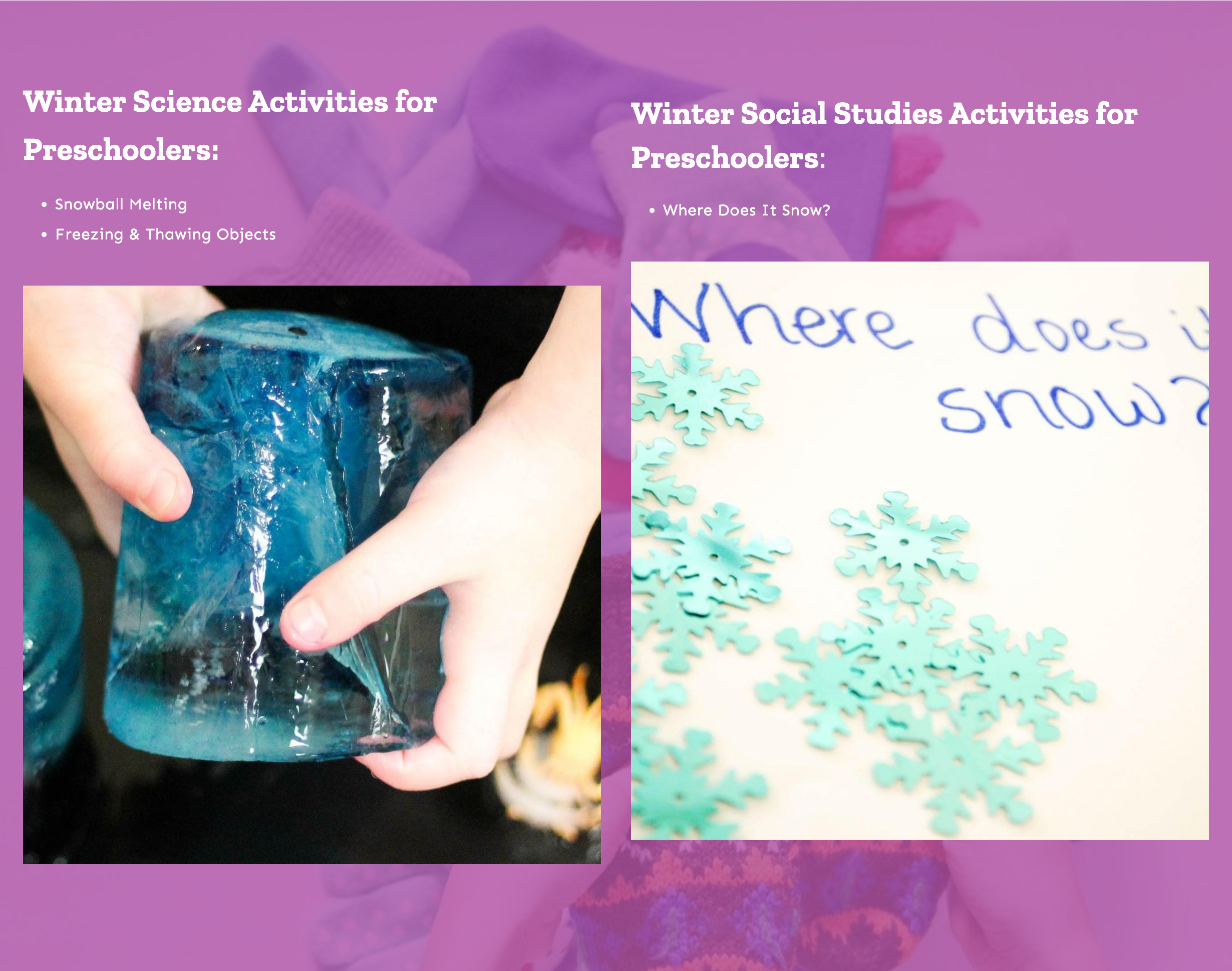 science and social studies activities that are included in the winter preschool activity plans