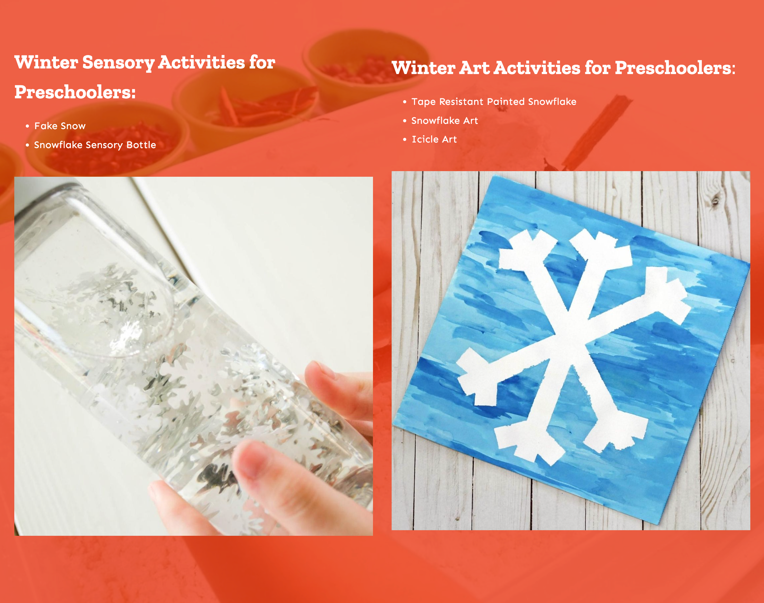 List of preschool winter sensory and art activities included in the activity plans