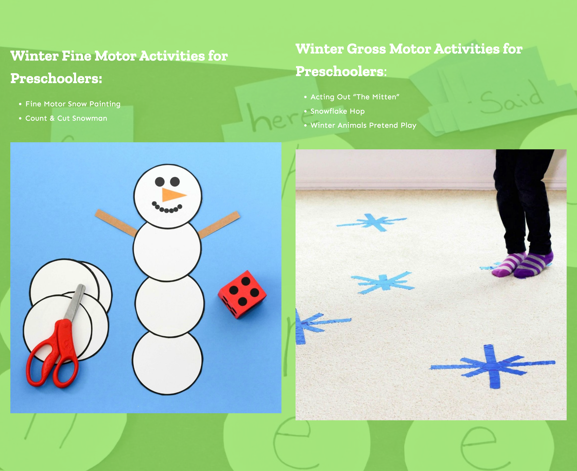 list of fine motor and gross motor activities included in the winter activity plans for preschoolers