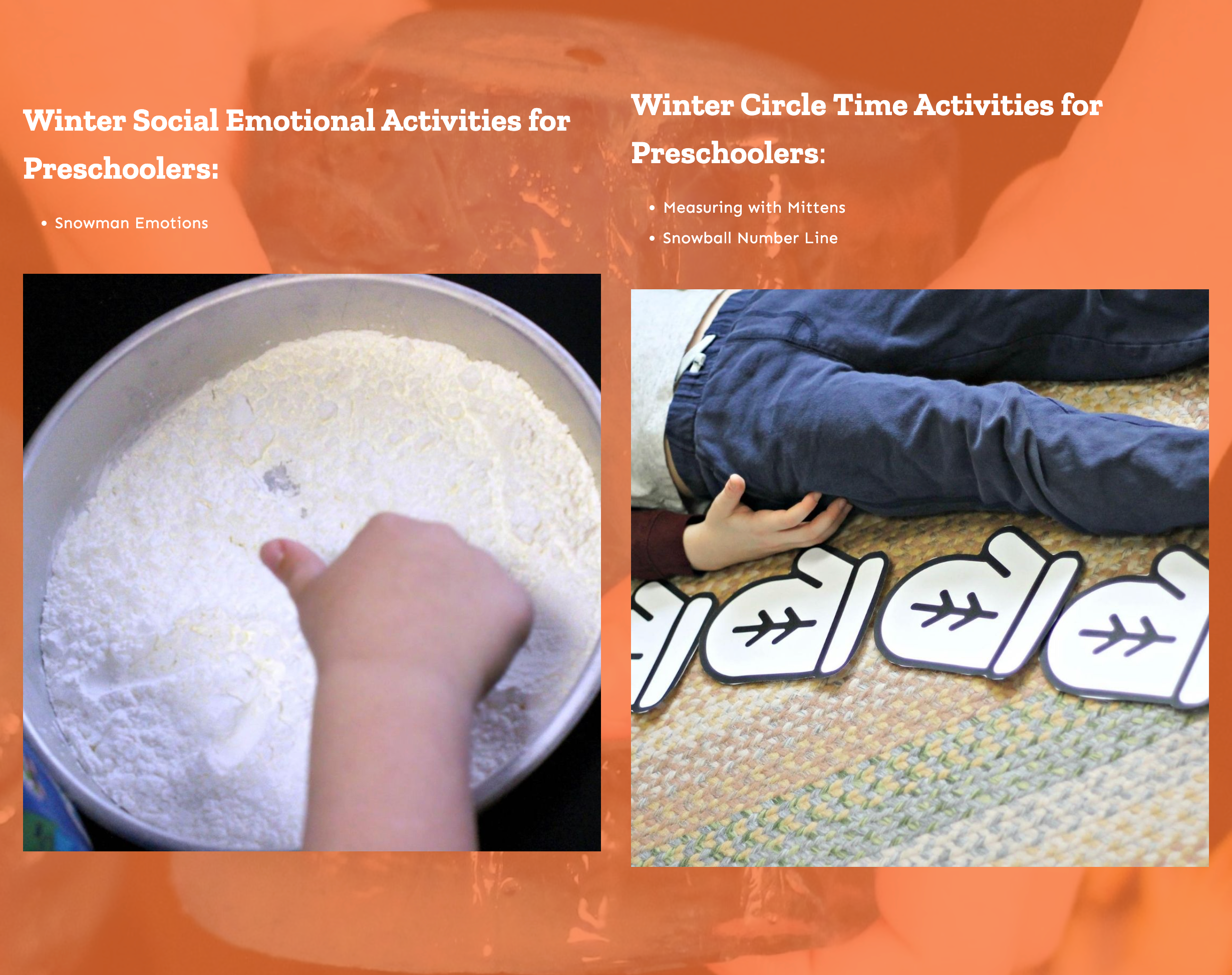 list of social emotional and circle time activities included in the winter theme activity plans for preschoolers