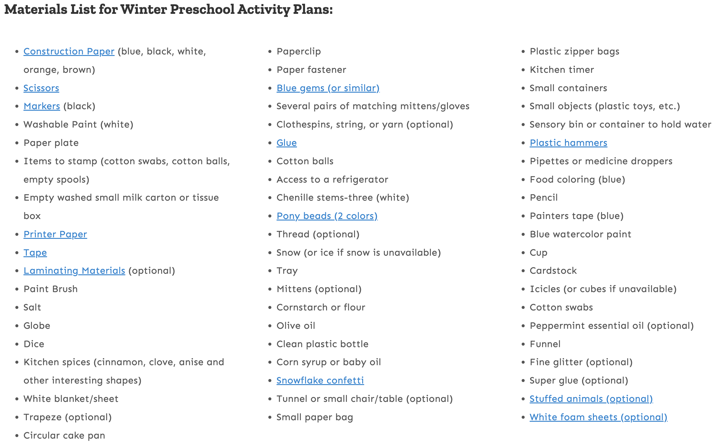 materials list for winter preschool activity plans