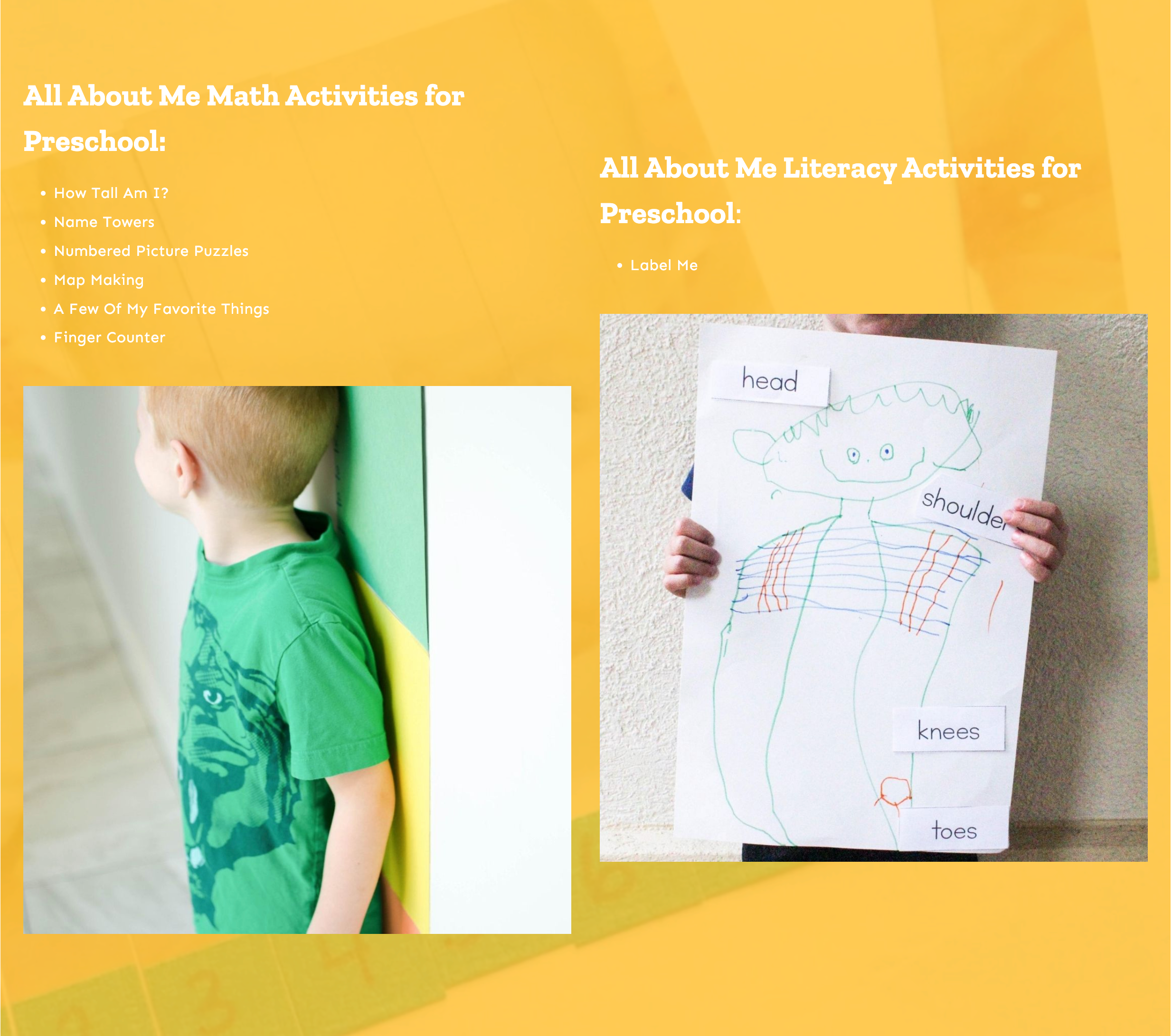 math and literacy activities list for all about me activity plans