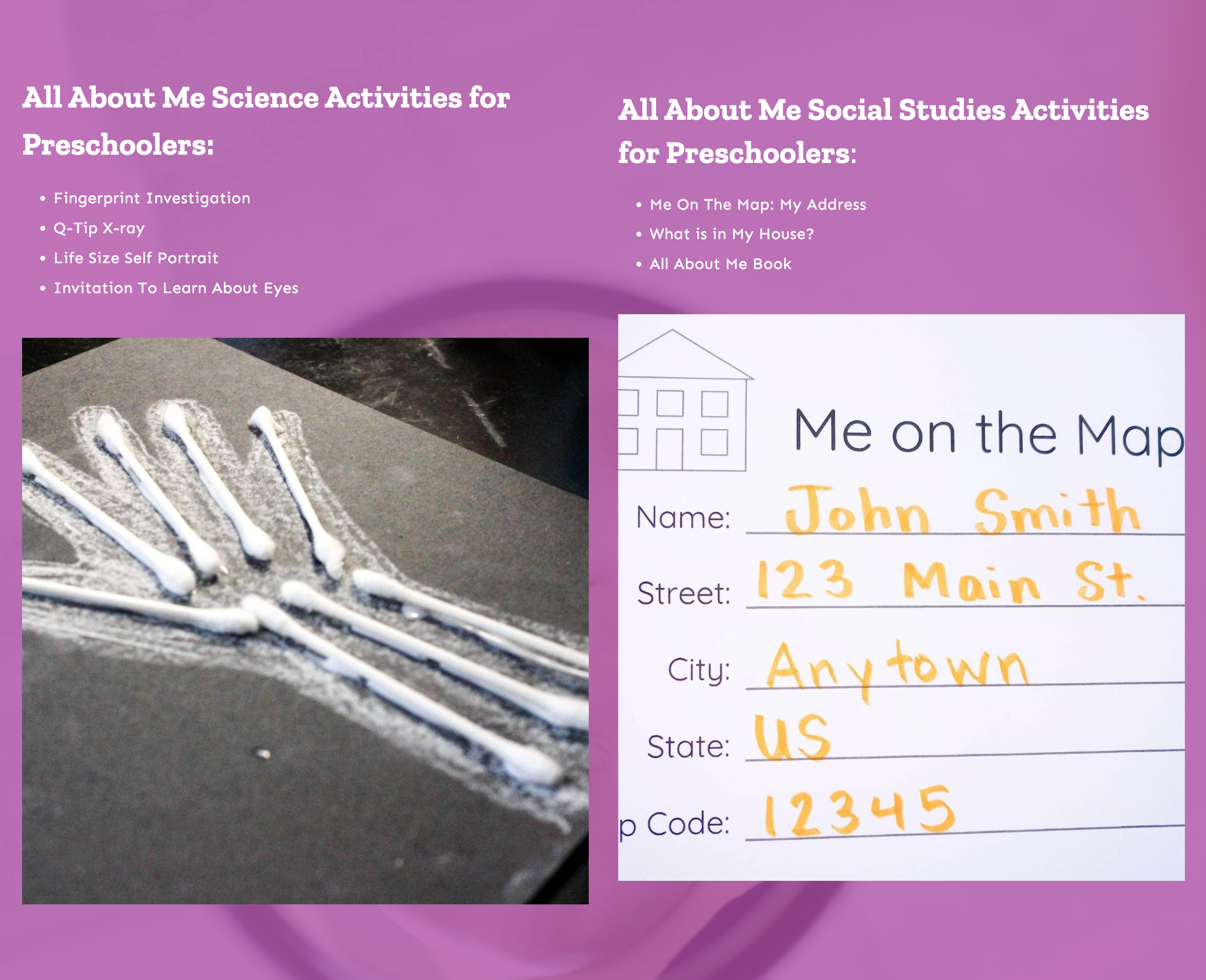 All about me science and social studies activities list