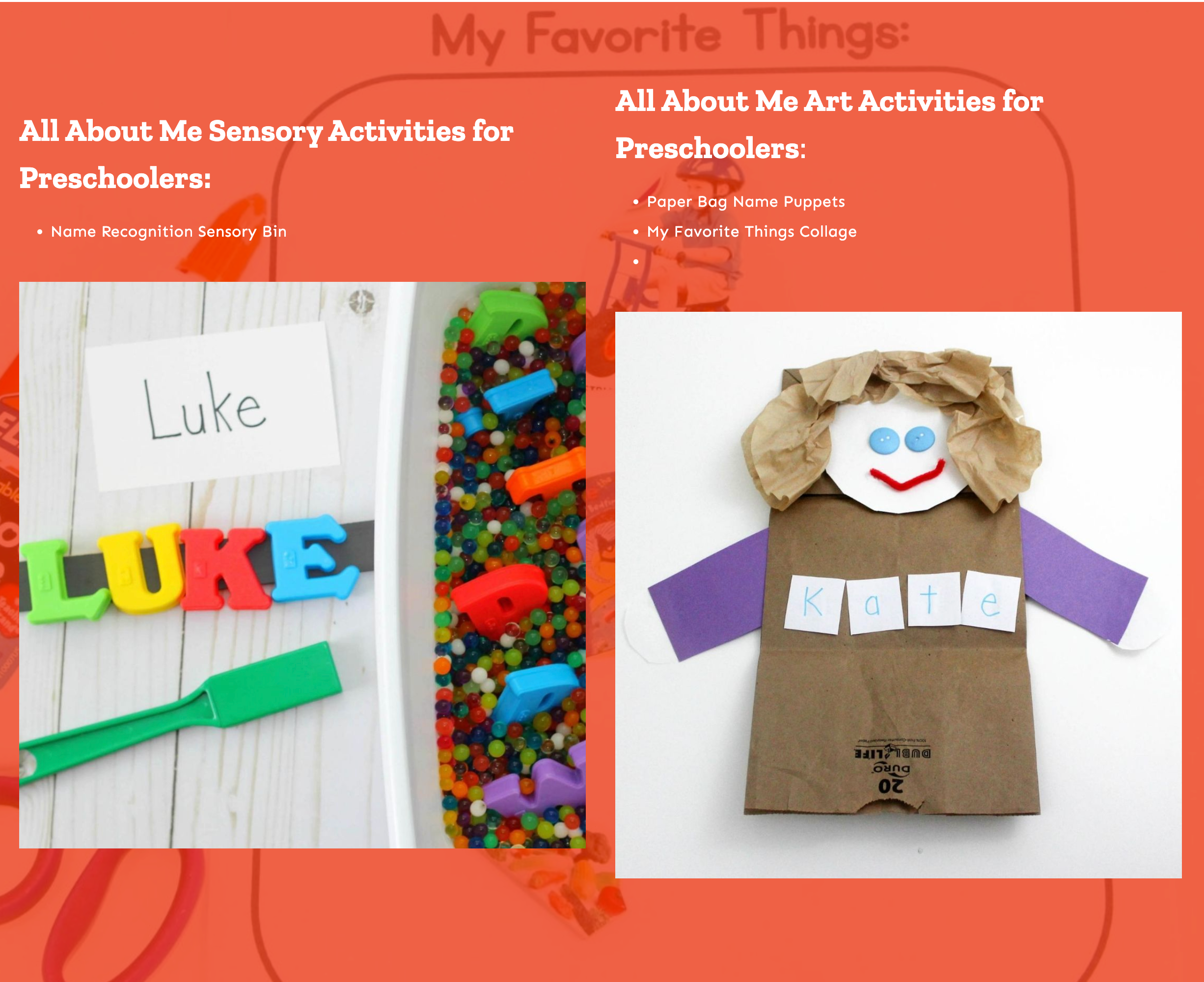 list of all about me sensory activities and art projects for preschoolers