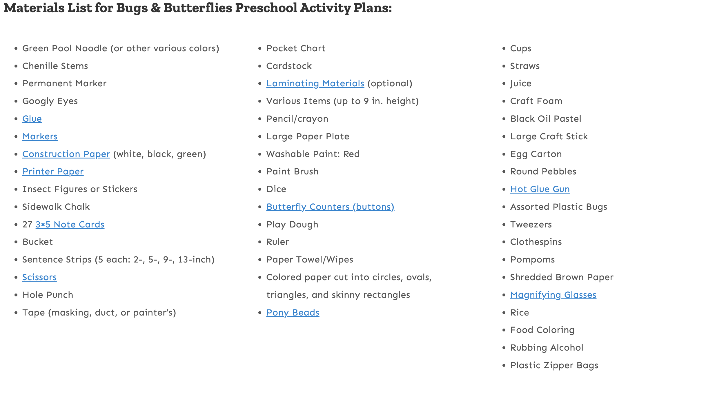 Bugs and Butterflies preschool activity plans materials list