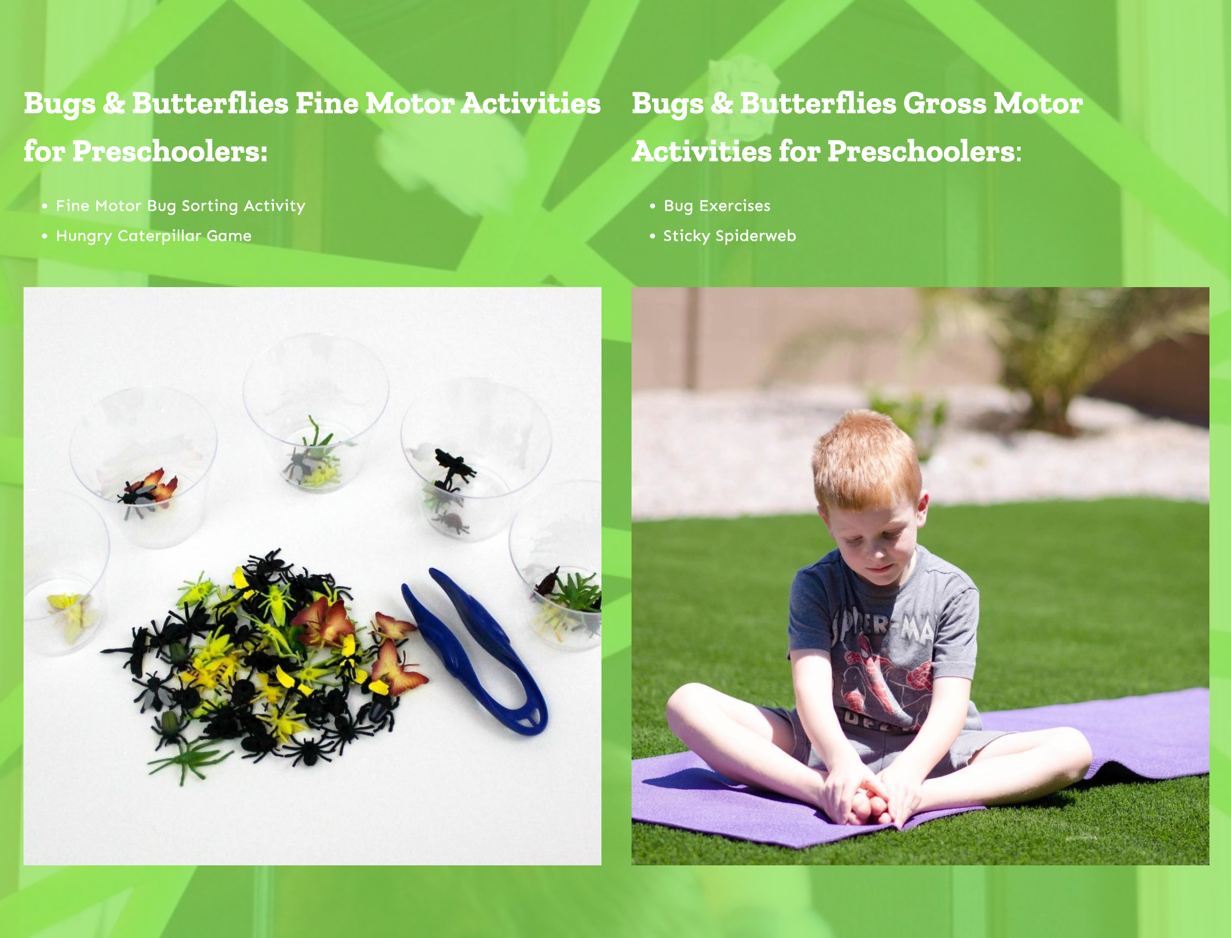fine motor and gross motor activities for bug and butterflies preschool theme