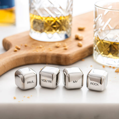 steel ice cubes personalised with Paul you're my rock