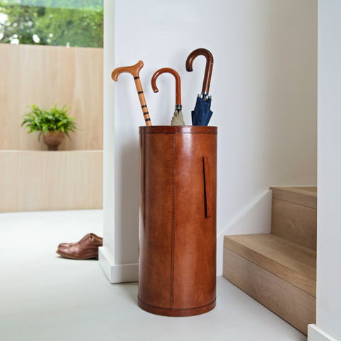 leather umbrella stand in entrance hallway