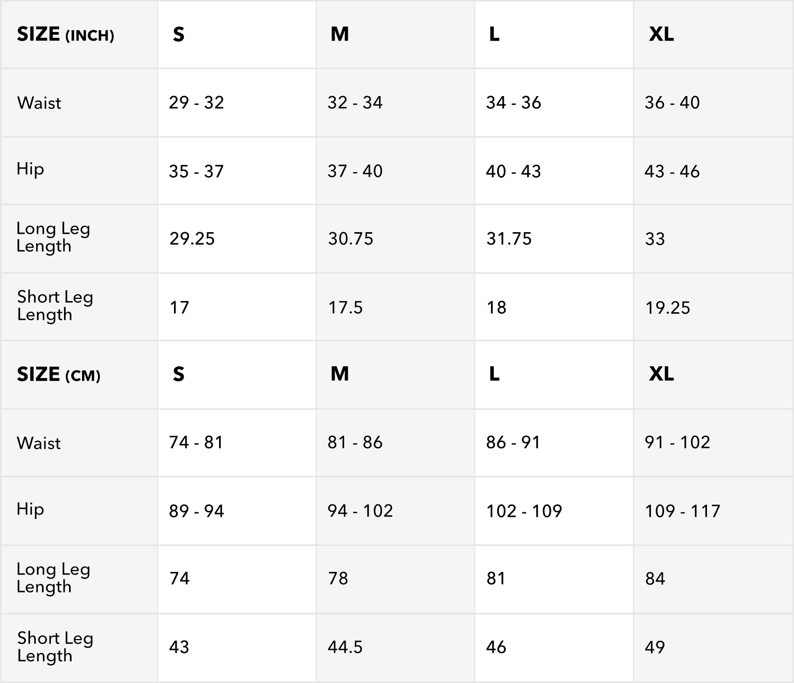 Single Leg Tights Size Chart