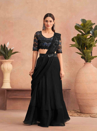 Buy WEAVERS SAGA Women's Georgette Mukaish Work Ready To Wear Lehenga Style  Saree With Semistitched Blouse at Amazon.in