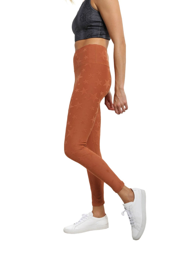 Mono B Leggings Mesh Panels Calf Length Front Waist Pocket Moon Rust Size  Large