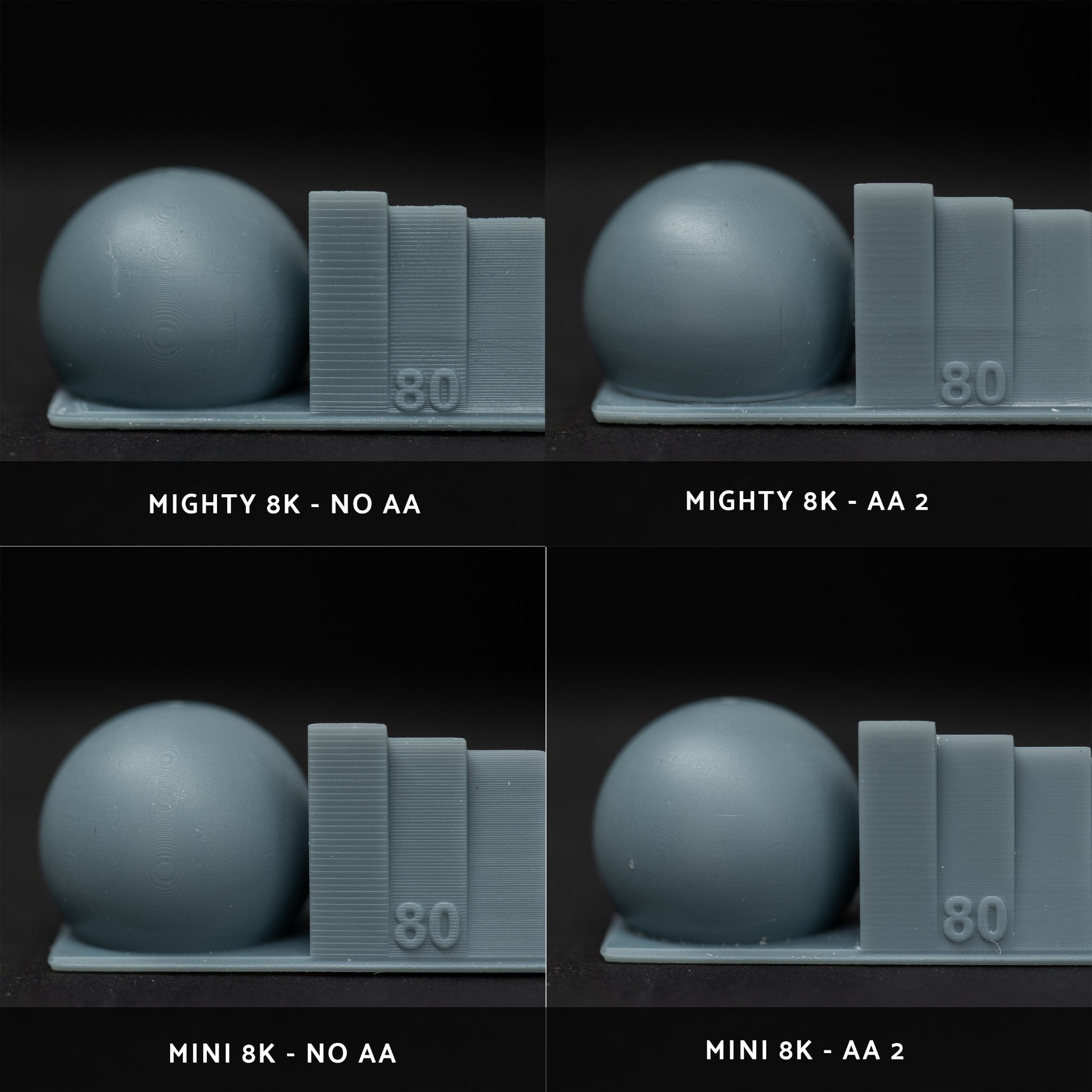 Sphere and block anti aliasing test strips printed on Sonic Mini 8K and Sonic Mighty 8K