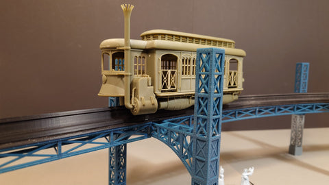 A 3D printed model of steampunk monorail tram and tracks from the movie Carnival Row
