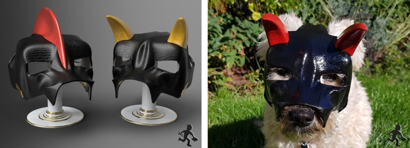a dog wearing a 3d printed devil mask halloween costume.
