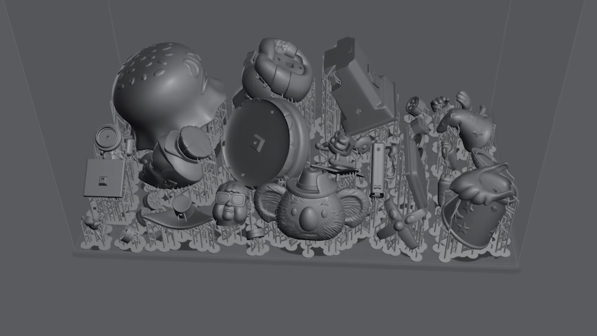 a full build plate of toys ready to 3d print