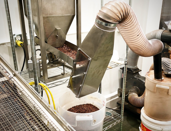 a view of a winnower connected to a vacuum hose with nibs falling into a bucket below