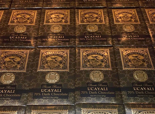view of letterpress chocolate bar packaging for Ucayali