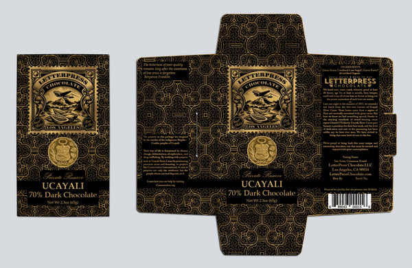 a rendering of the black and gold packaging for ucayali chocolate, with the same pattern as the previous images