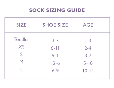 sock sizing guide Hannah Kate Clothing