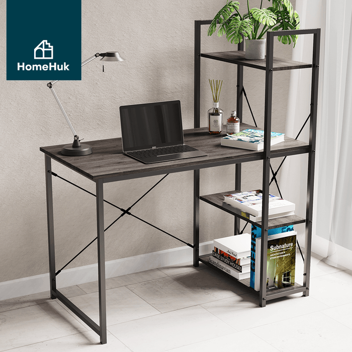 โต๊ะทำงาน พร้อมชั้นวางของ 4 ชั้น โครงเหล็ก รุ่น Wooden Office Table with Shelf 4T - HomeHuk