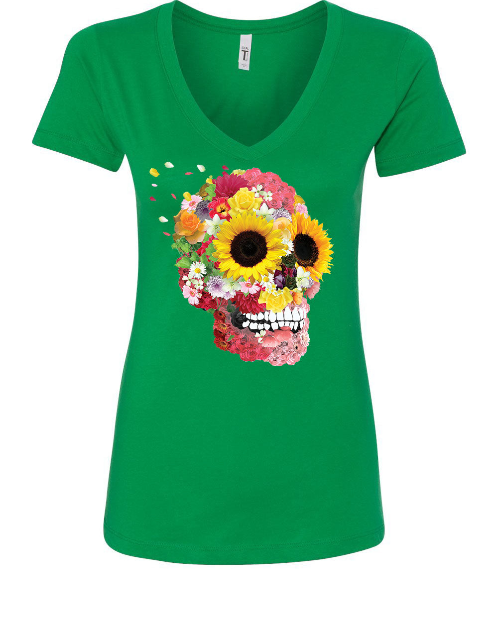 Sunflowers Sugar Skull Women's V-Neck T-Shirt Day of the Dead Calavera Mexico - Picture 9 of 11