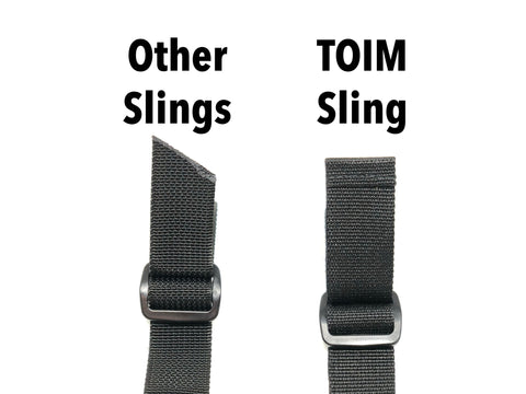 comparison of how the ends of the webbing are finished between other slings and the TOIM sling
