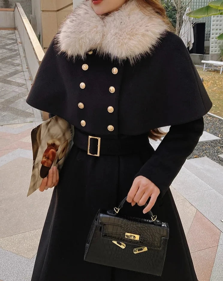 ESTELLE Faux Fur Trim Cloak Flap Trench Coat