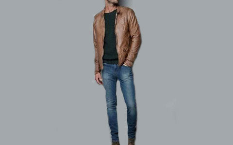 Leather -jacket -with -dark- blue -jeans:
