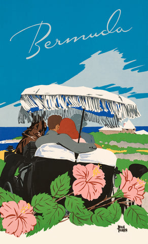 A colorful vintage travel poster advertising travel to Bermuda