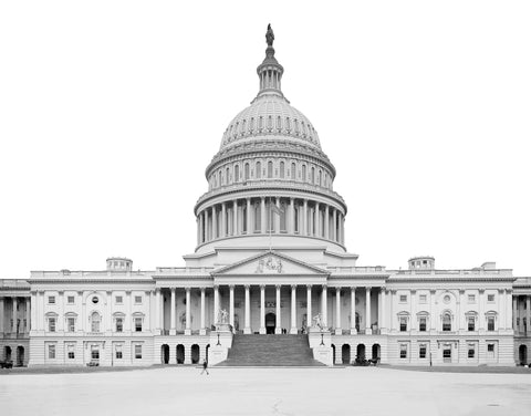 A black and white vintage image of the Capitol Building in Washington DC