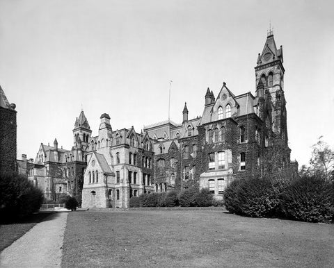 A vintage, black and white photograph of a building at the University of Pennsylvania