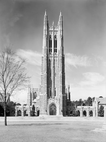 Vintage black and white photograph of a large stone building at Duke University