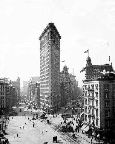 A vintage photograph of the Flatiron Building in New York City