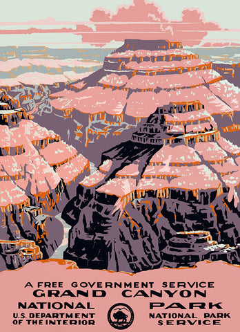 A colorful vintage poster featuring Grand Canyon National Park