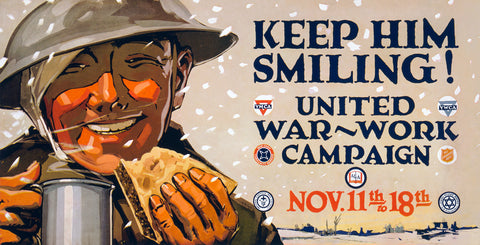 Vintage military poster featuring a smiling soldier and the slogan Keep Him Smiling!