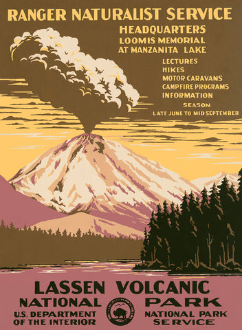A vintage poster advertising Ranger services at Lassen Volcanic National park