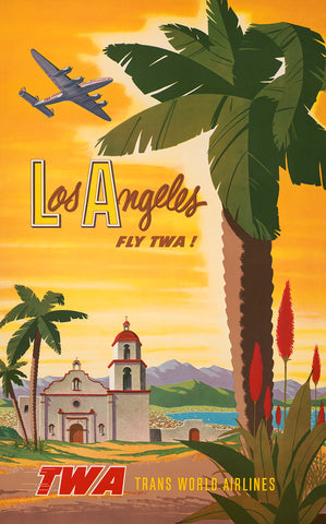 A vintage travel poster for TWA airlines to Los Angeles