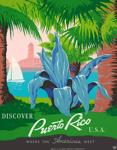 A colorful vintage travel poster advertising travel to Puerto Rico